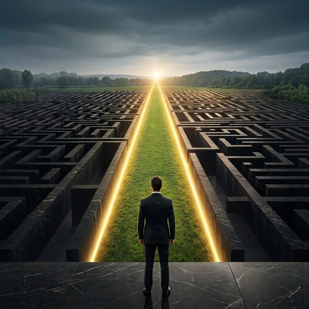 A gold beam of light slicing through a black stone maze toward a bright horizon, with an executive standing at the threshold